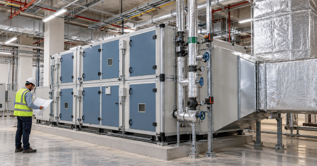 Illustrative AHU in a mechanical plant room. AI-generated; clearances require selected-product confirmation.